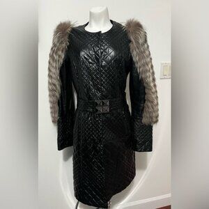 Acasta Black Quilted Fur Fox Belted Leather Jacket